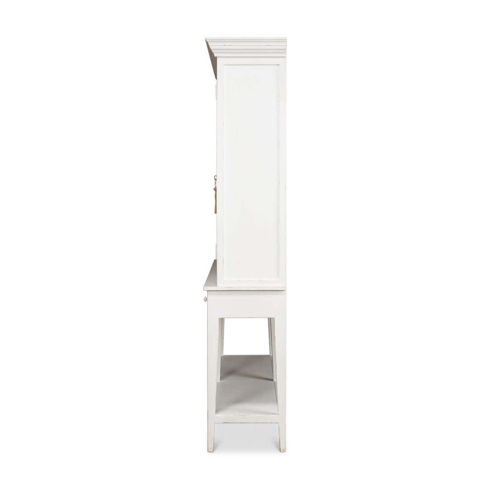 Side profile of white display cabinet.