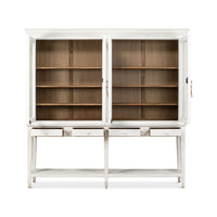 Front view with open doors, displaying shelves.