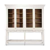 Front view of white display cabinet with glass doors.