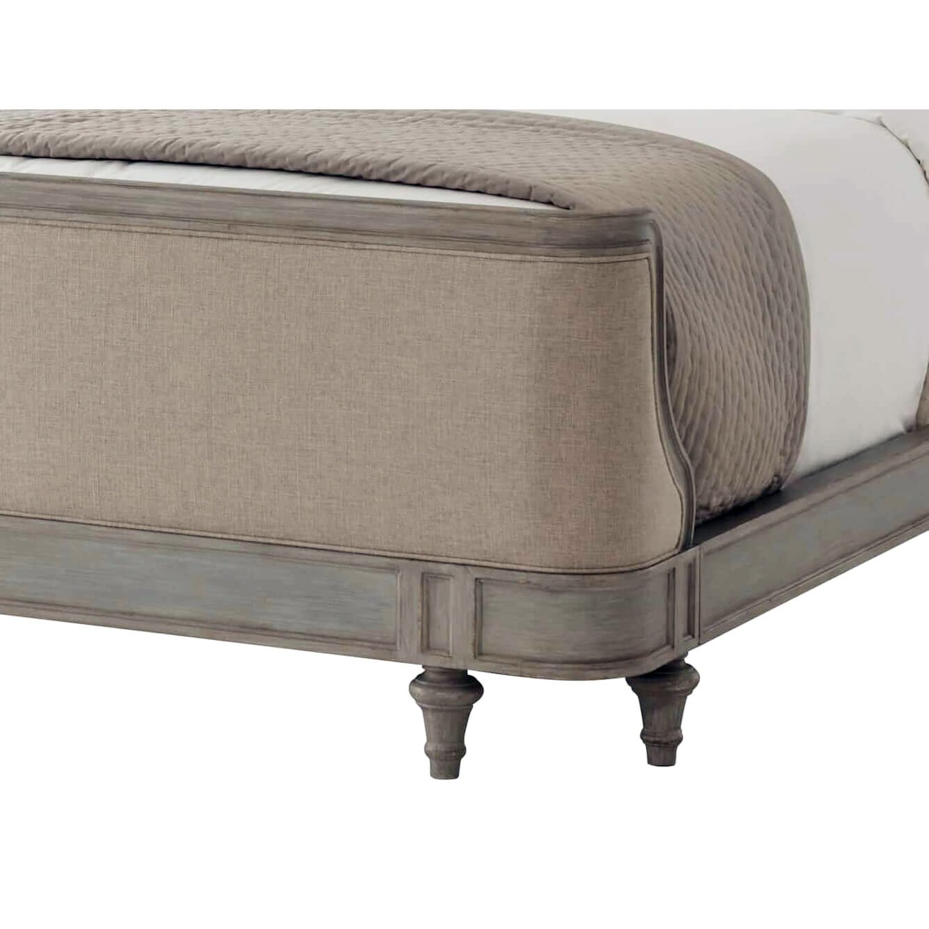 Corner detail of bed footboard with leg design.