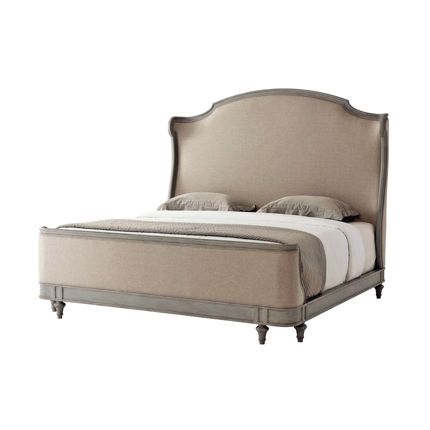 Upholstered king size bed with elegant frame design.