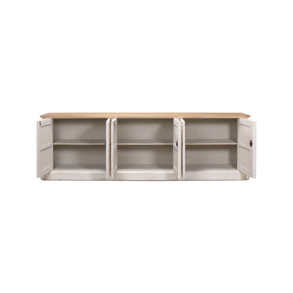 Opened whitewash painted buffet showing interior shelves.