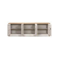 Opened whitewash painted buffet showing interior shelves.