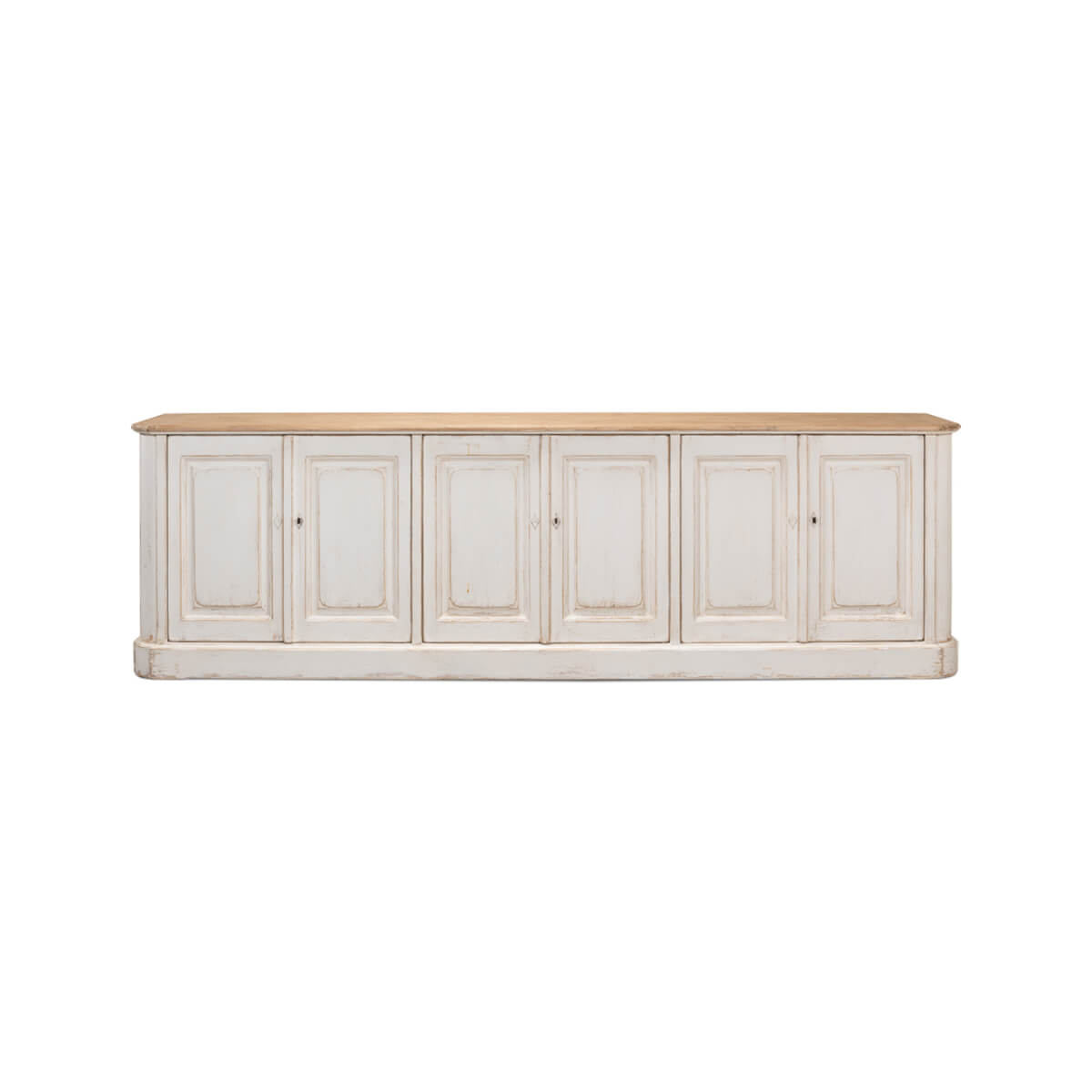 Front view of provincial whitewash painted buffet with doors.