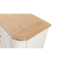 Close-up of wooden top on whitewash painted buffet.