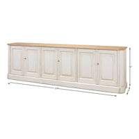 Whitewash painted buffet with dimensions shown.