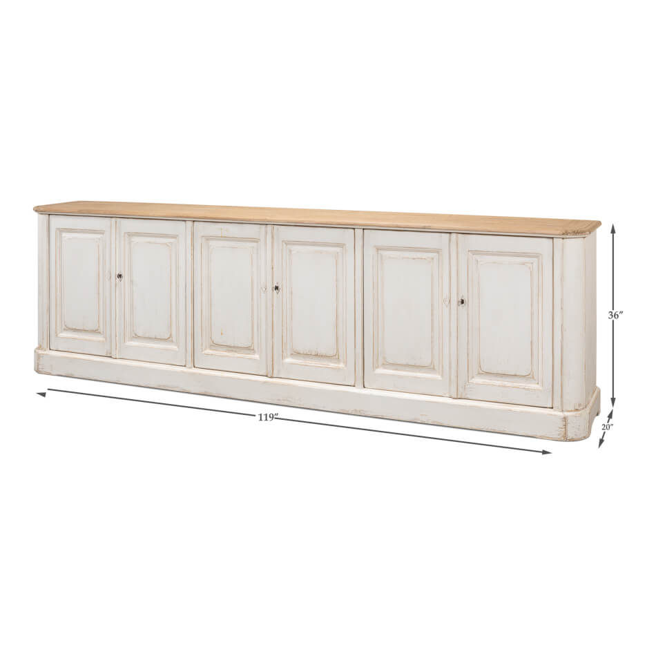 Whitewash painted buffet with dimensions shown.