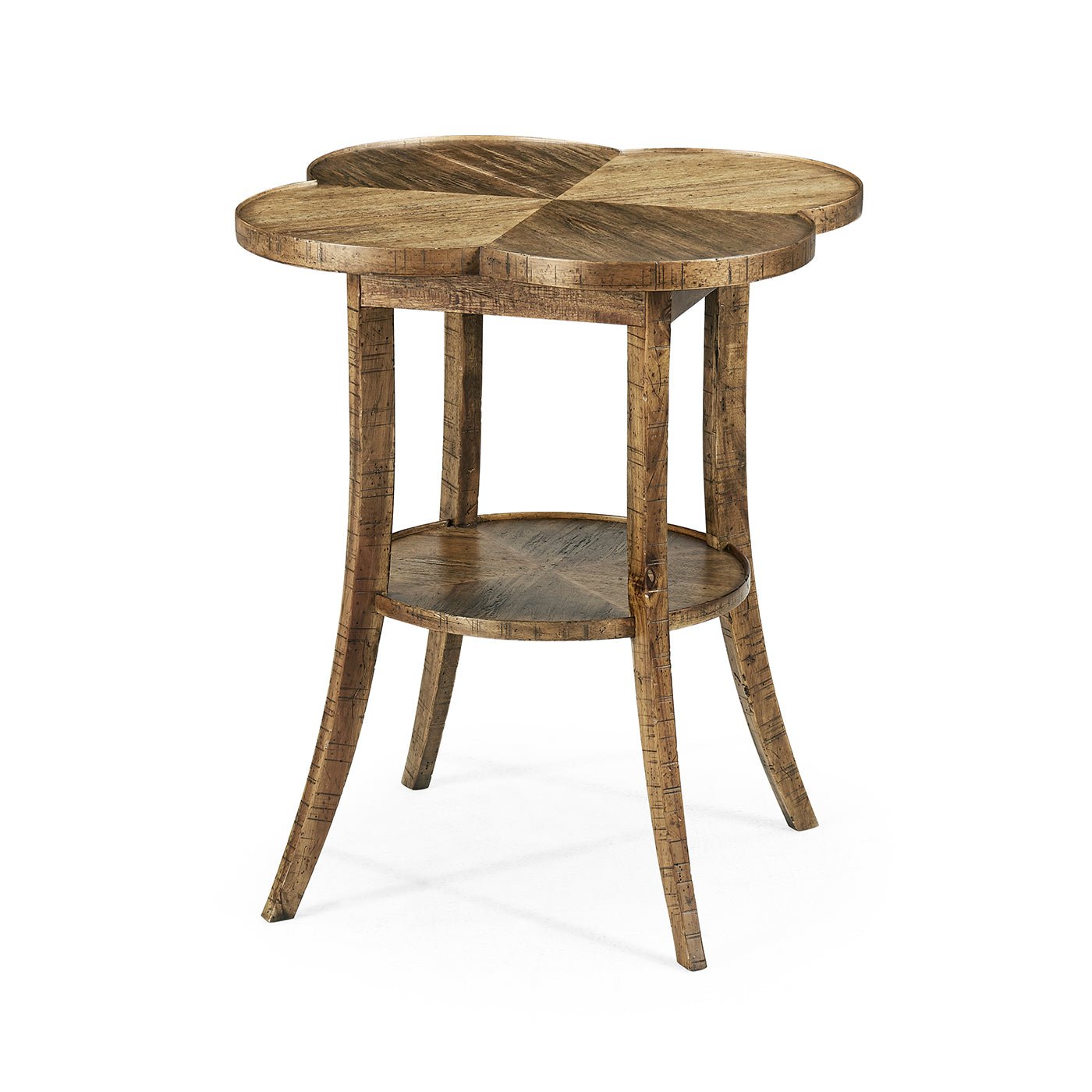 Medium brown quatrefoil end table, angled side view.