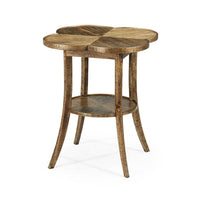Medium brown quatrefoil end table, angled side view.