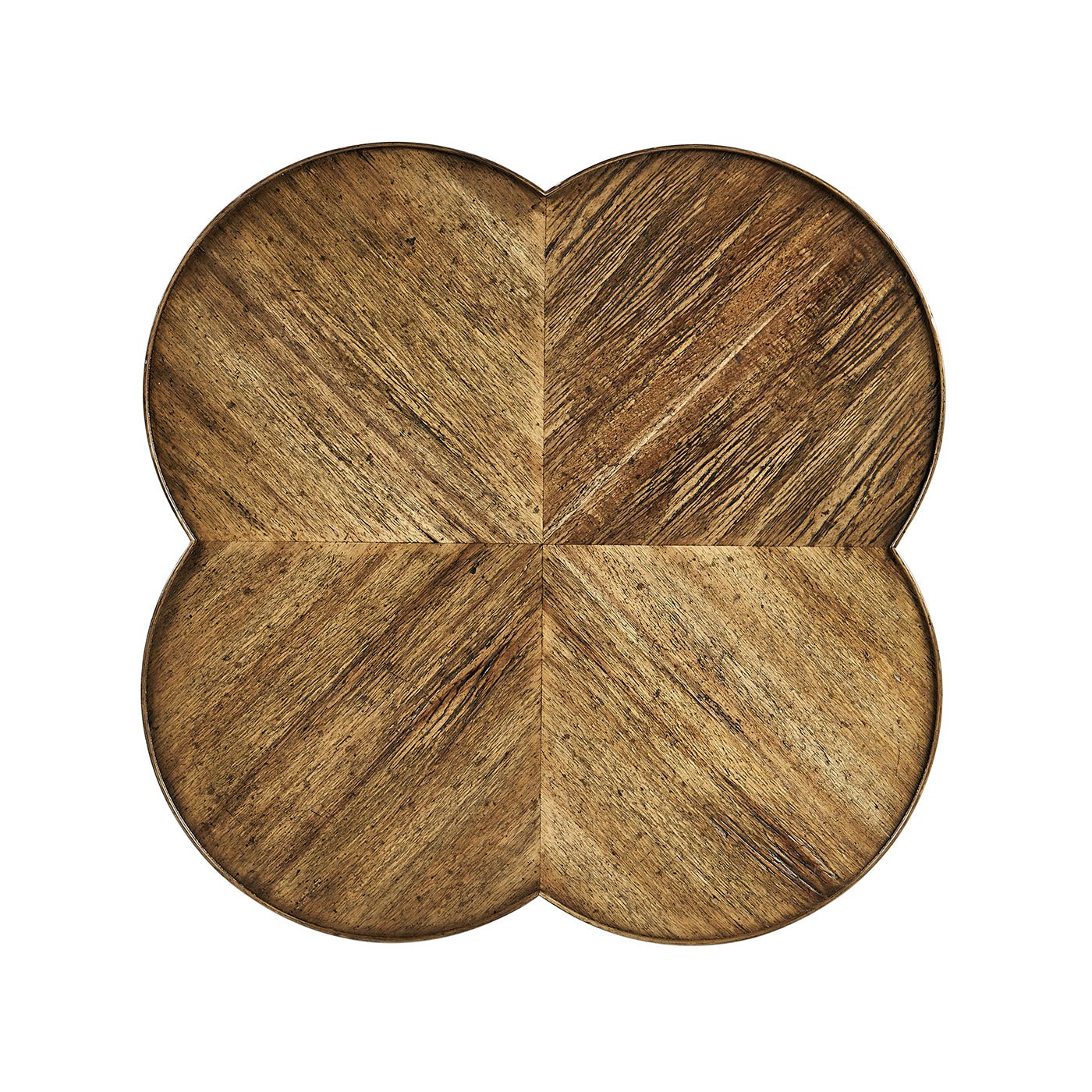 Top view of quatrefoil end table surface detail.