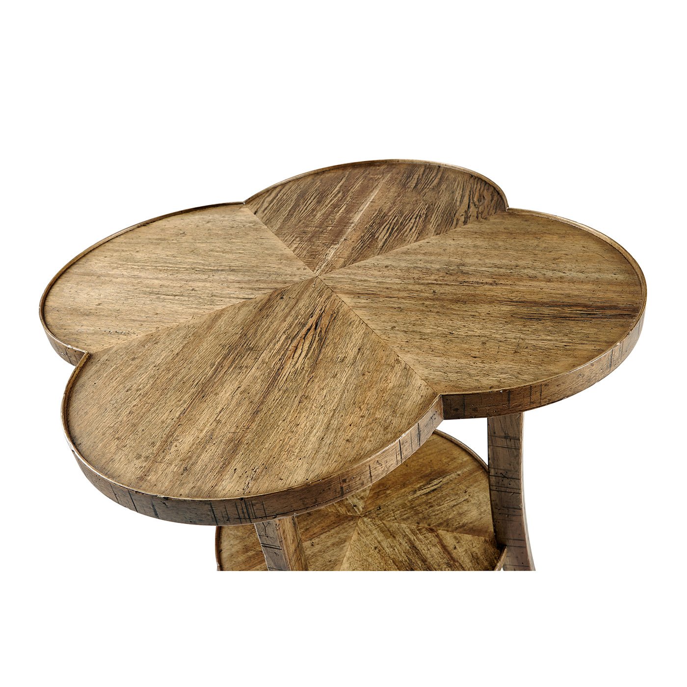 Close-up of medium brown quatrefoil end table top.