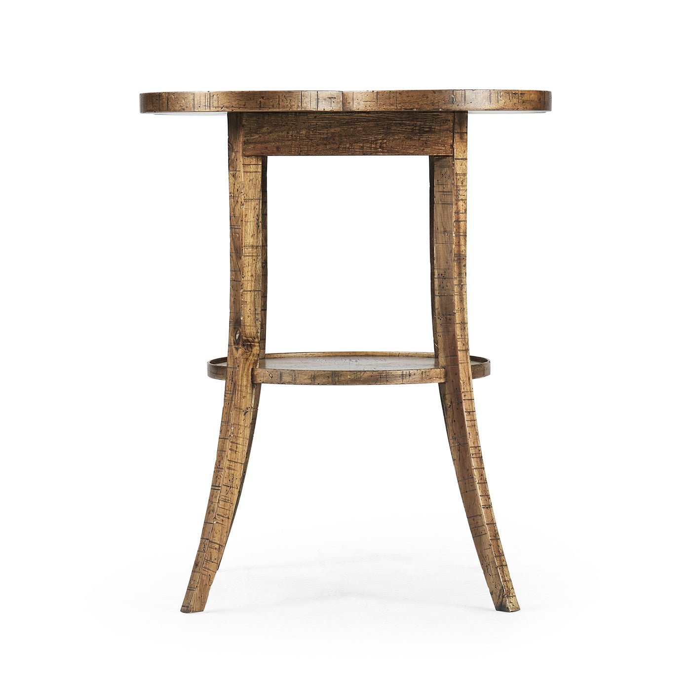 Side view, quatrefoil end table with lower shelf.