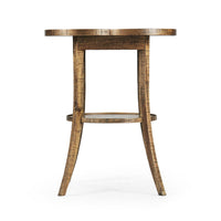 Side view, quatrefoil end table with lower shelf.