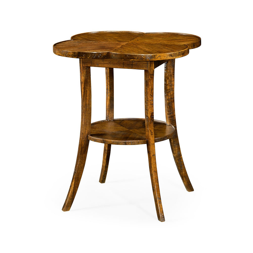 Quatrefoil end table in walnut finish, angled view.