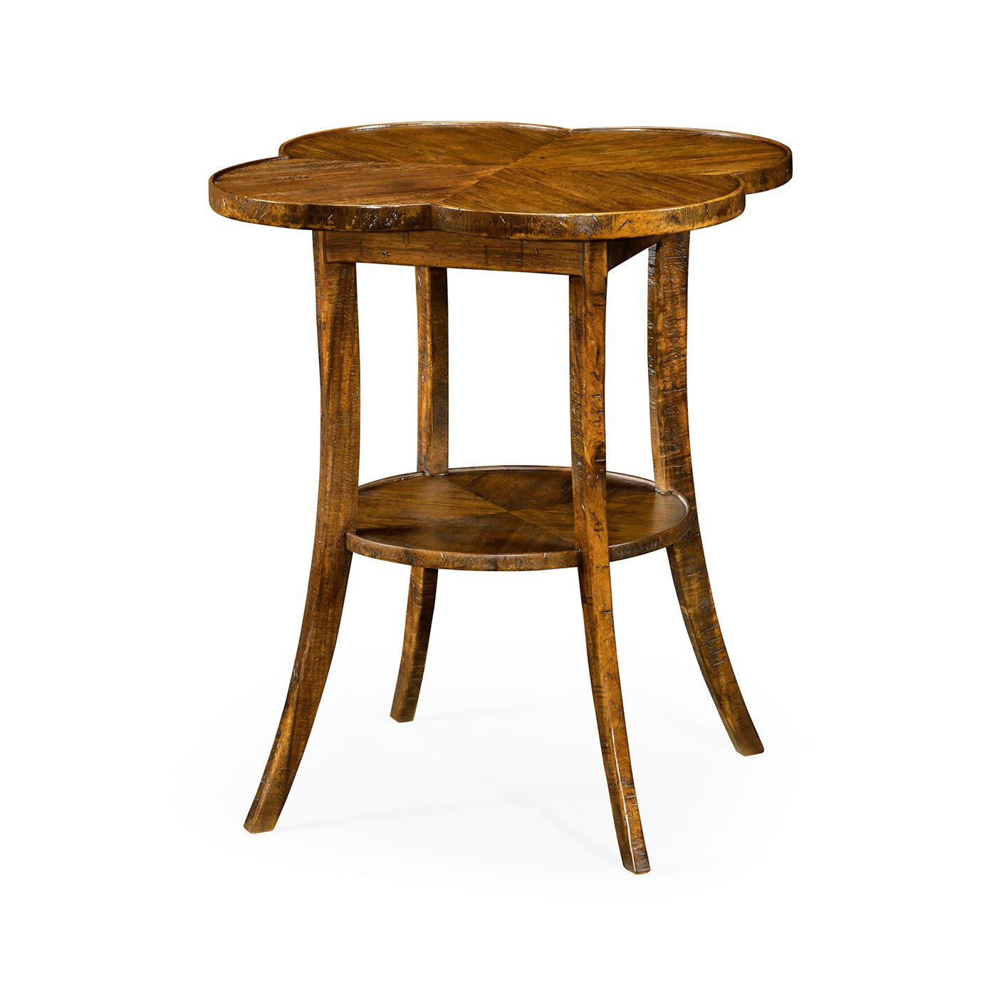 Quatrefoil end table in walnut finish, angled view.
