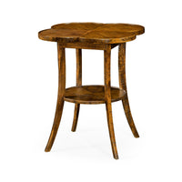 Quatrefoil end table in walnut finish, angled view.