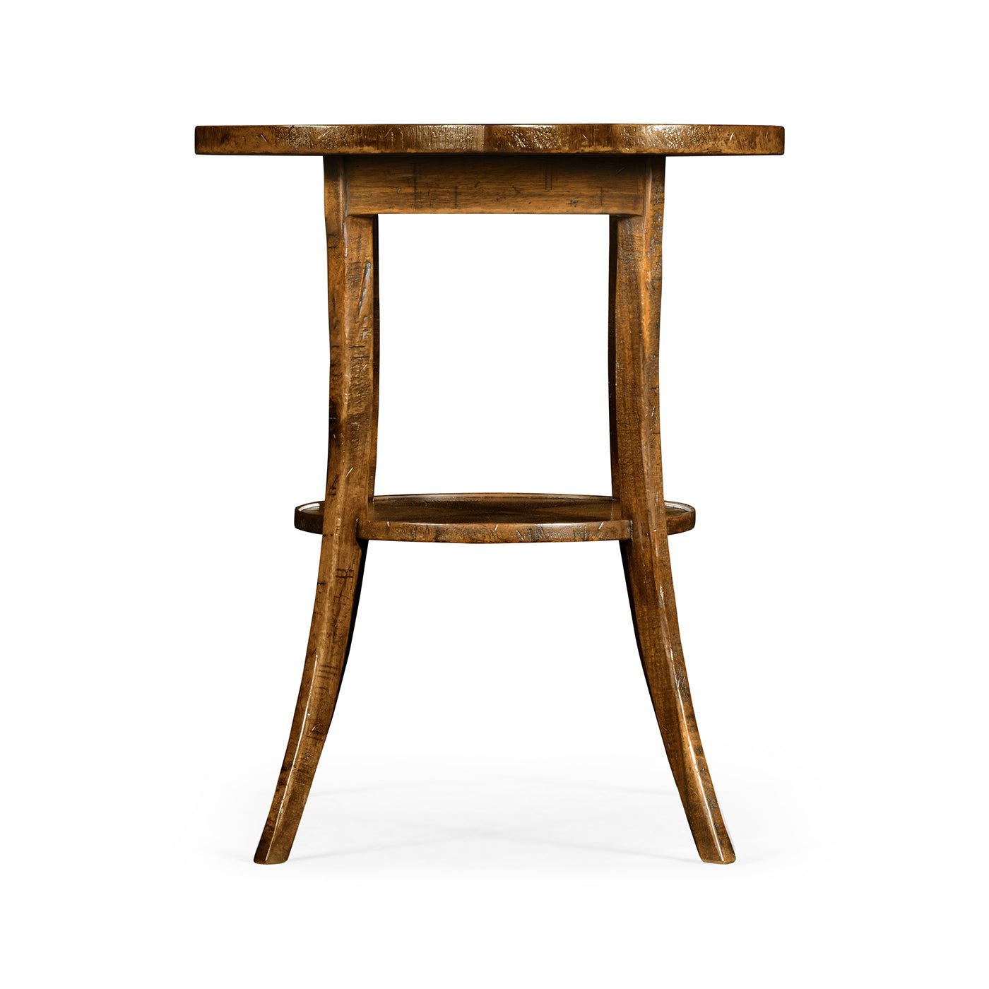 Side view of walnut quatrefoil end table.