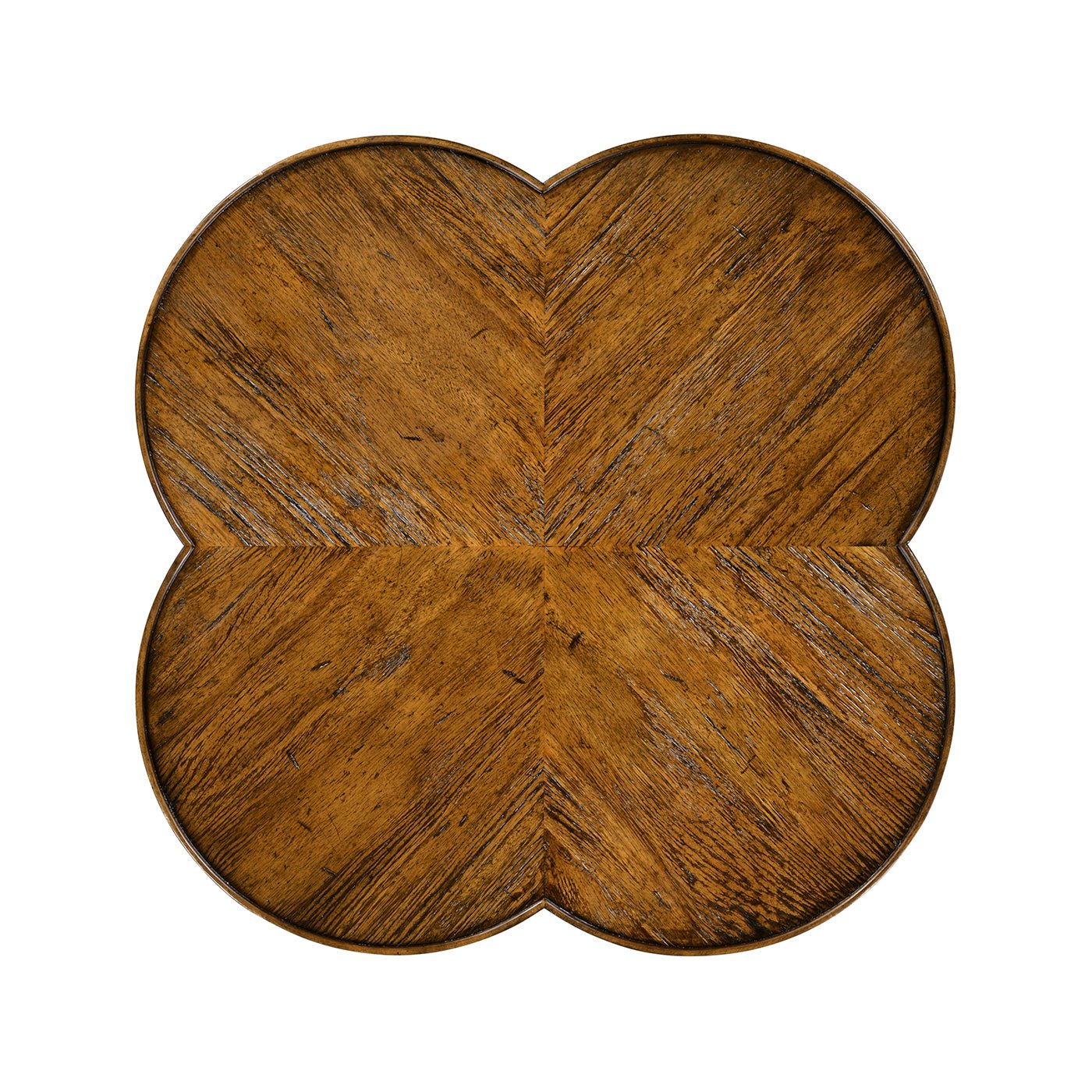 Top view of quatrefoil walnut end table.