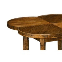 Close-up of walnut quatrefoil table top detail.