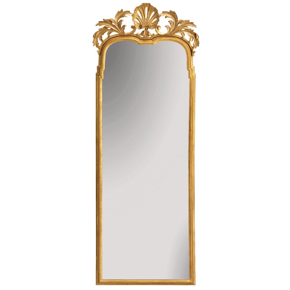 Ornate gilt mirror with shell decoration and elegant frame.