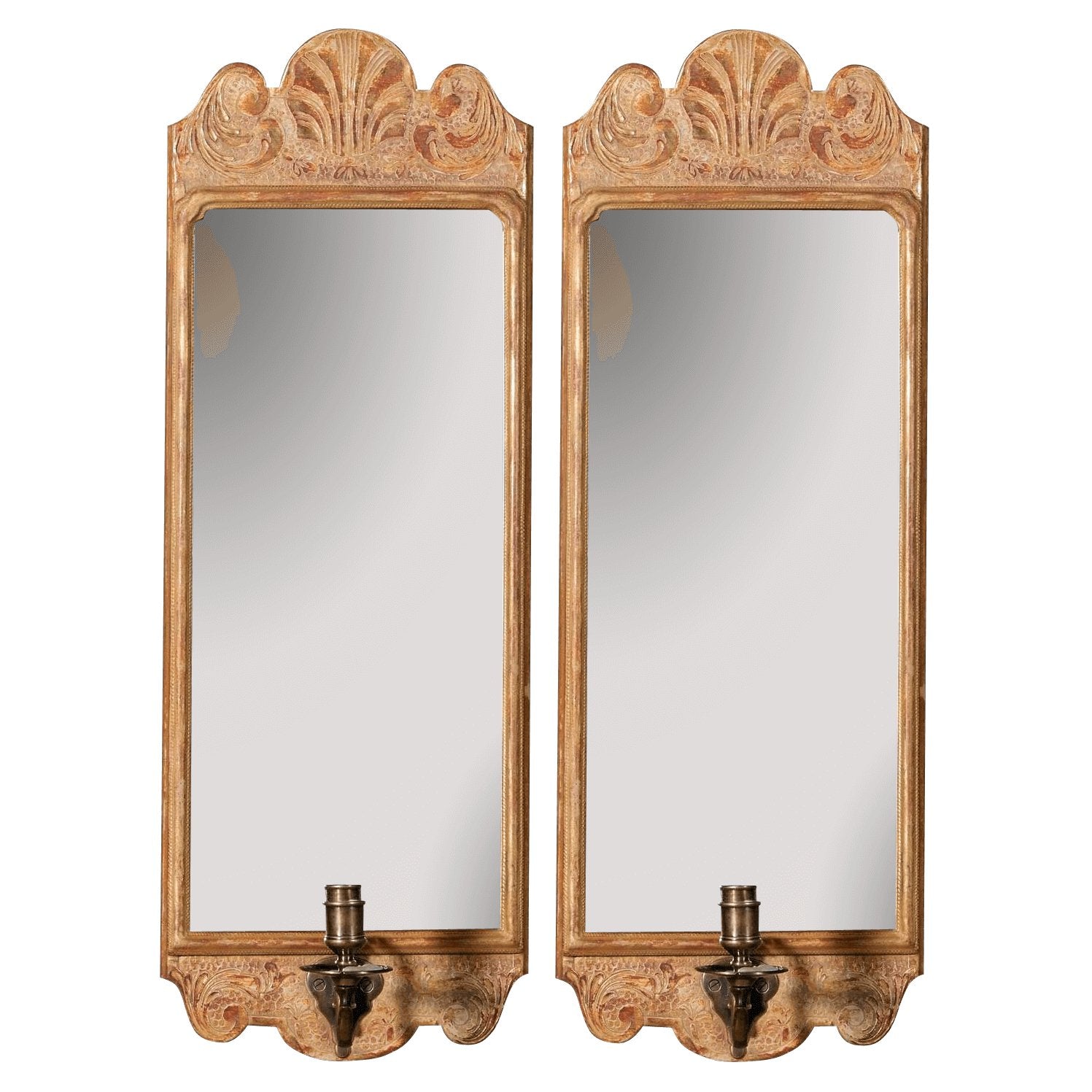 Queen Anne giltwood wall sconces with ornate mirrors.