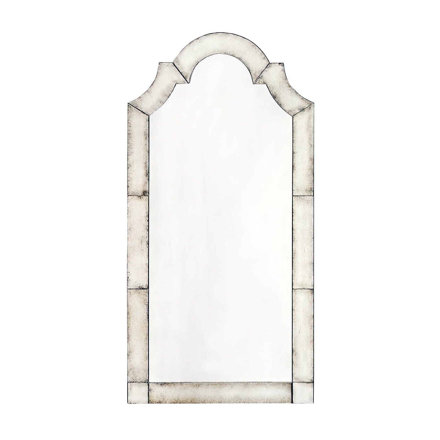 Arched decorative mirror with antique finish, standing alone.