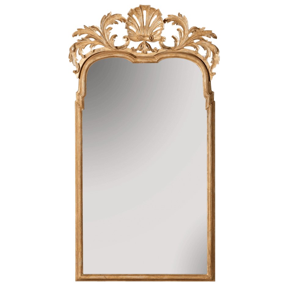 Ornate Queen Anne mirror with carved gold shell design.