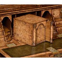 Hidden compartment in Queen Anne secretary bookcase, detailed view.