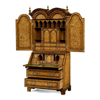 Queen Anne secretary bookcase open with shelves and drawers.