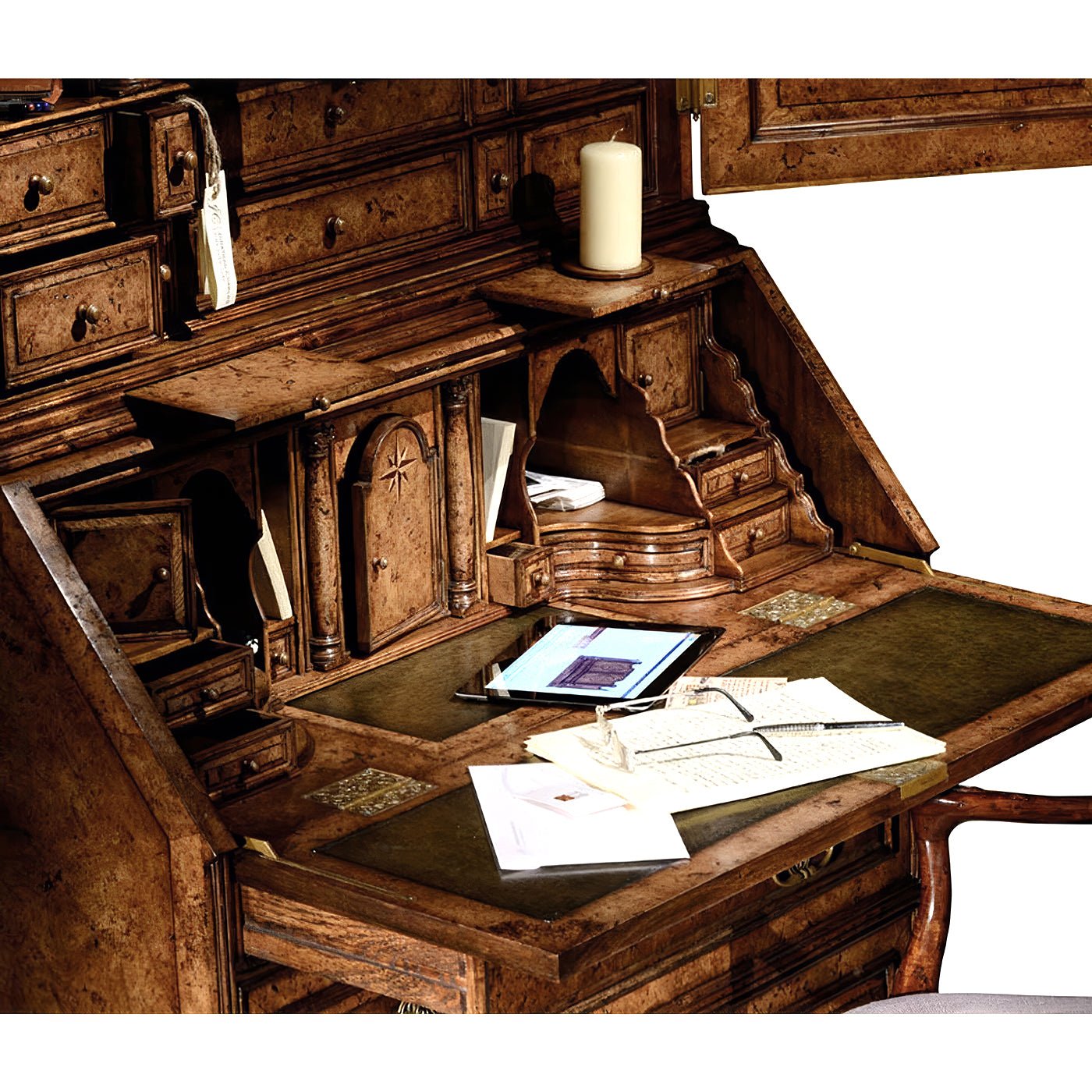 Queen Anne secretary bookcase desk with modern tablet and notebooks.