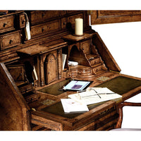 Queen Anne secretary bookcase desk with modern tablet and notebooks.