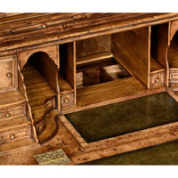 Open compartments of Queen Anne secretary bookcase, interior look.