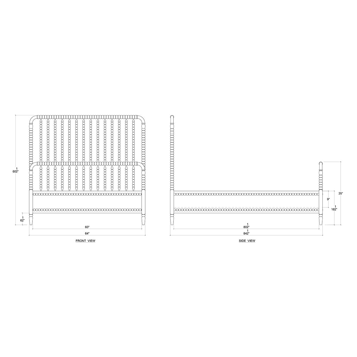 Spindle bed frame dimensions, front and side technical drawings.