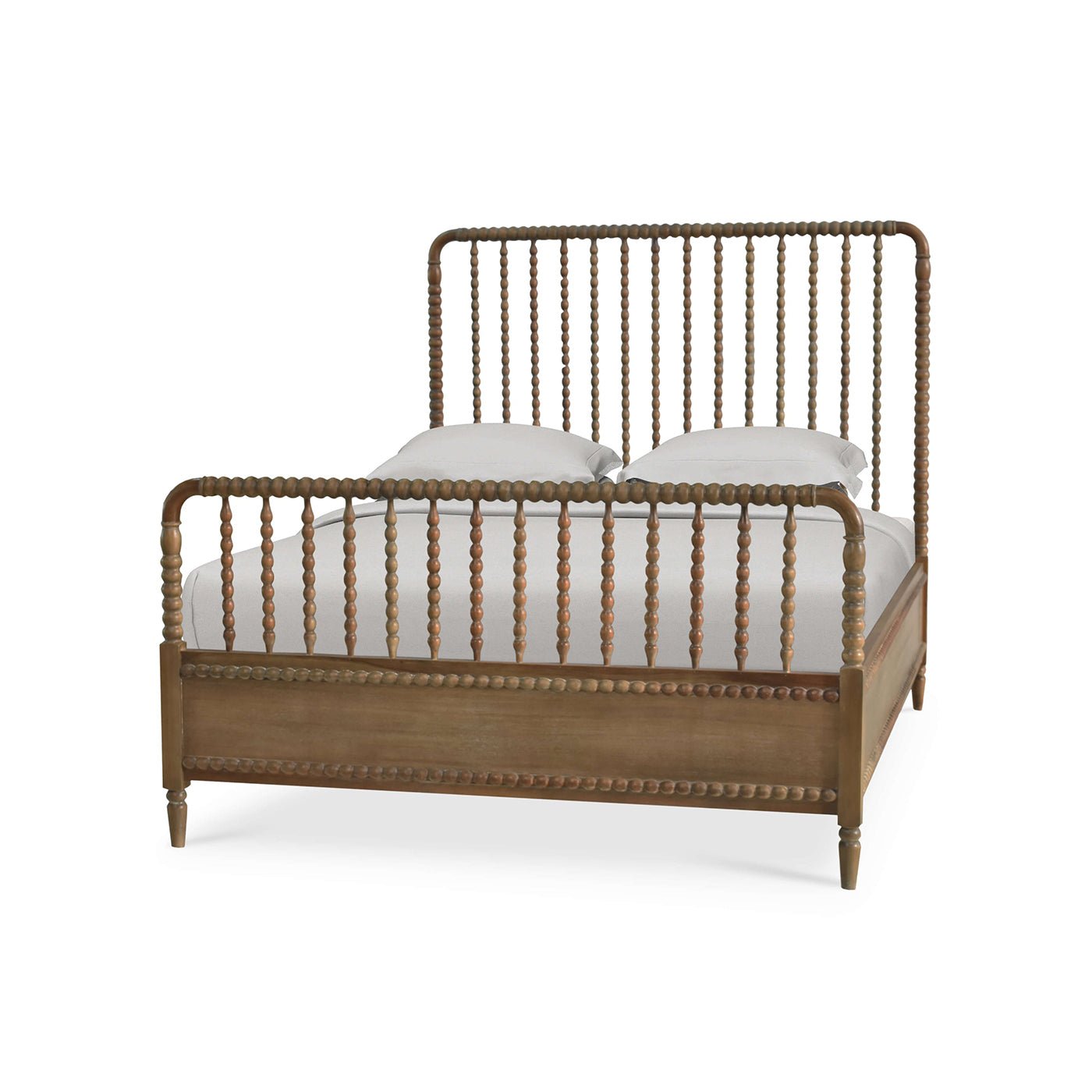 Wooden spindle bed frame, angled view with pillows.