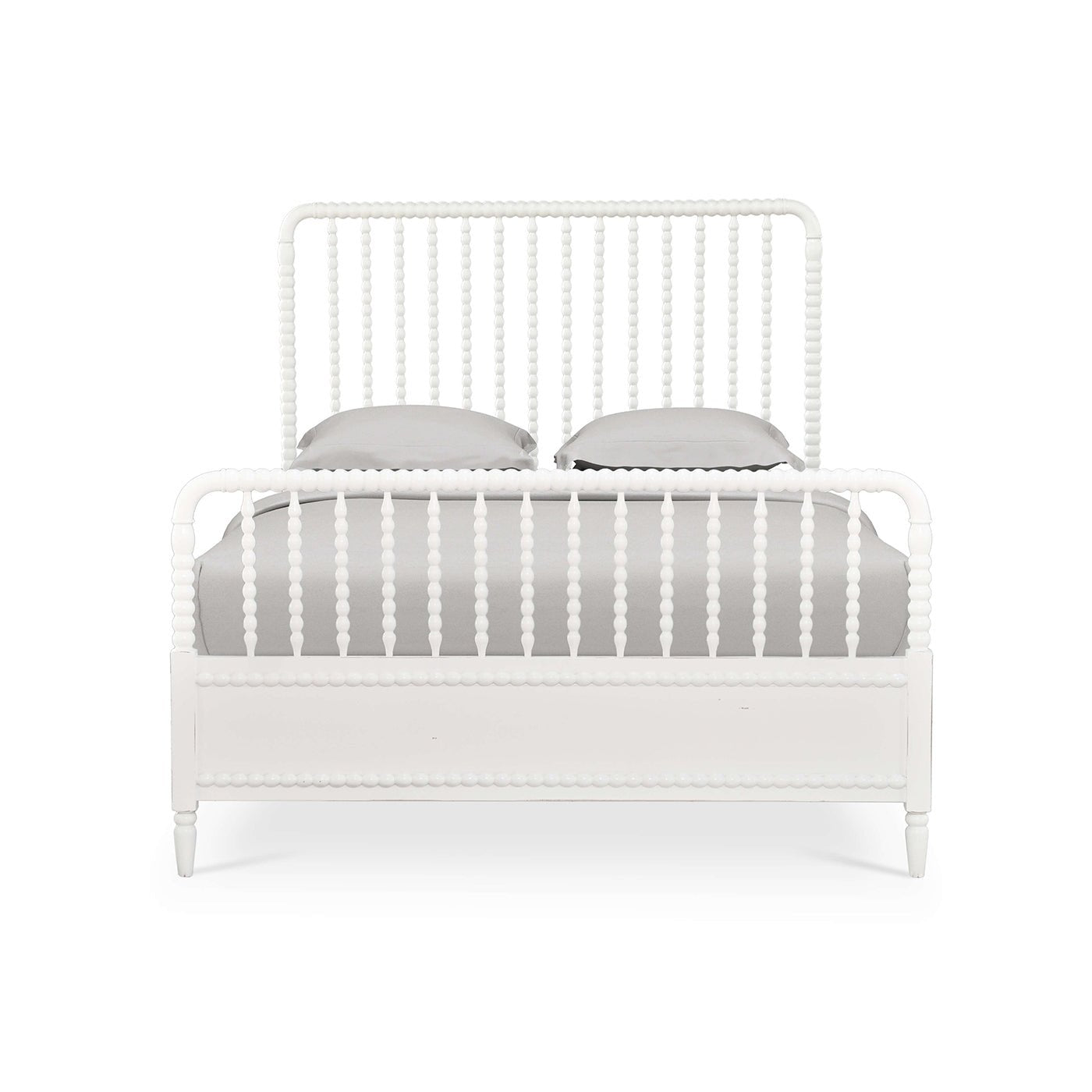 White spindle bed frame, front view, queen size.