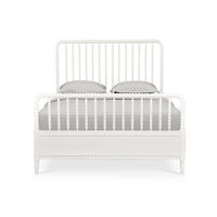 White spindle bed frame, front view, queen size.