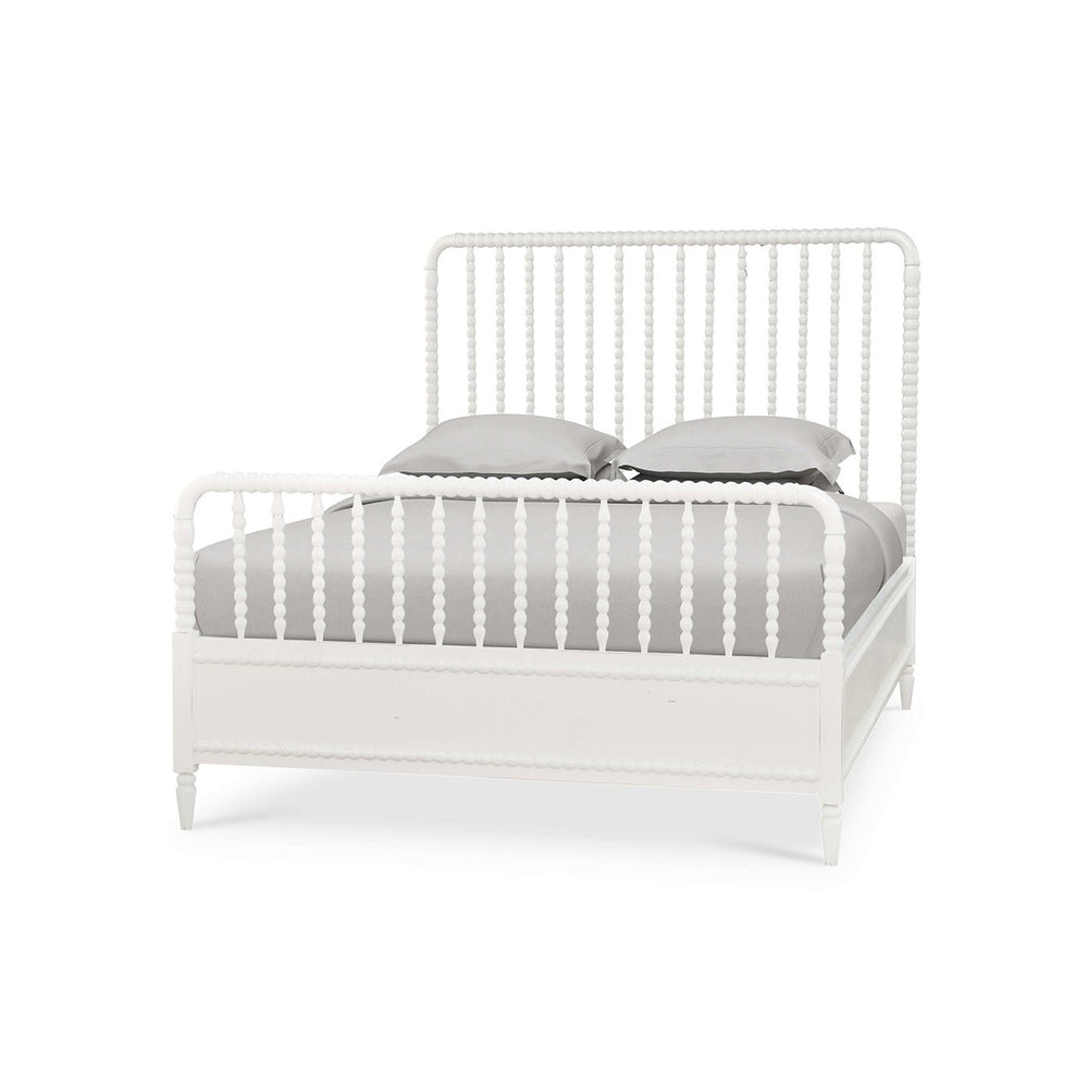 White spindle bed frame, angled view, queen size.