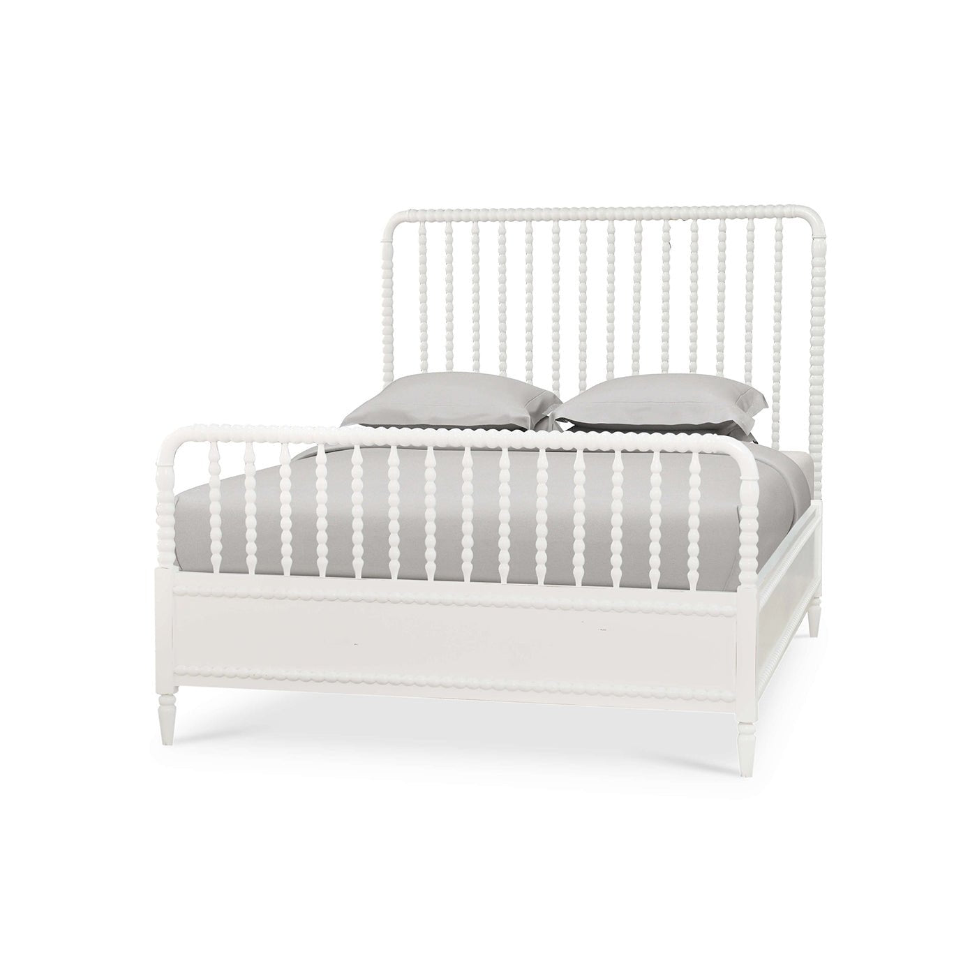 White spindle bed frame, angled view, queen size.
