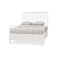 White spindle bed frame, angled view, queen size.