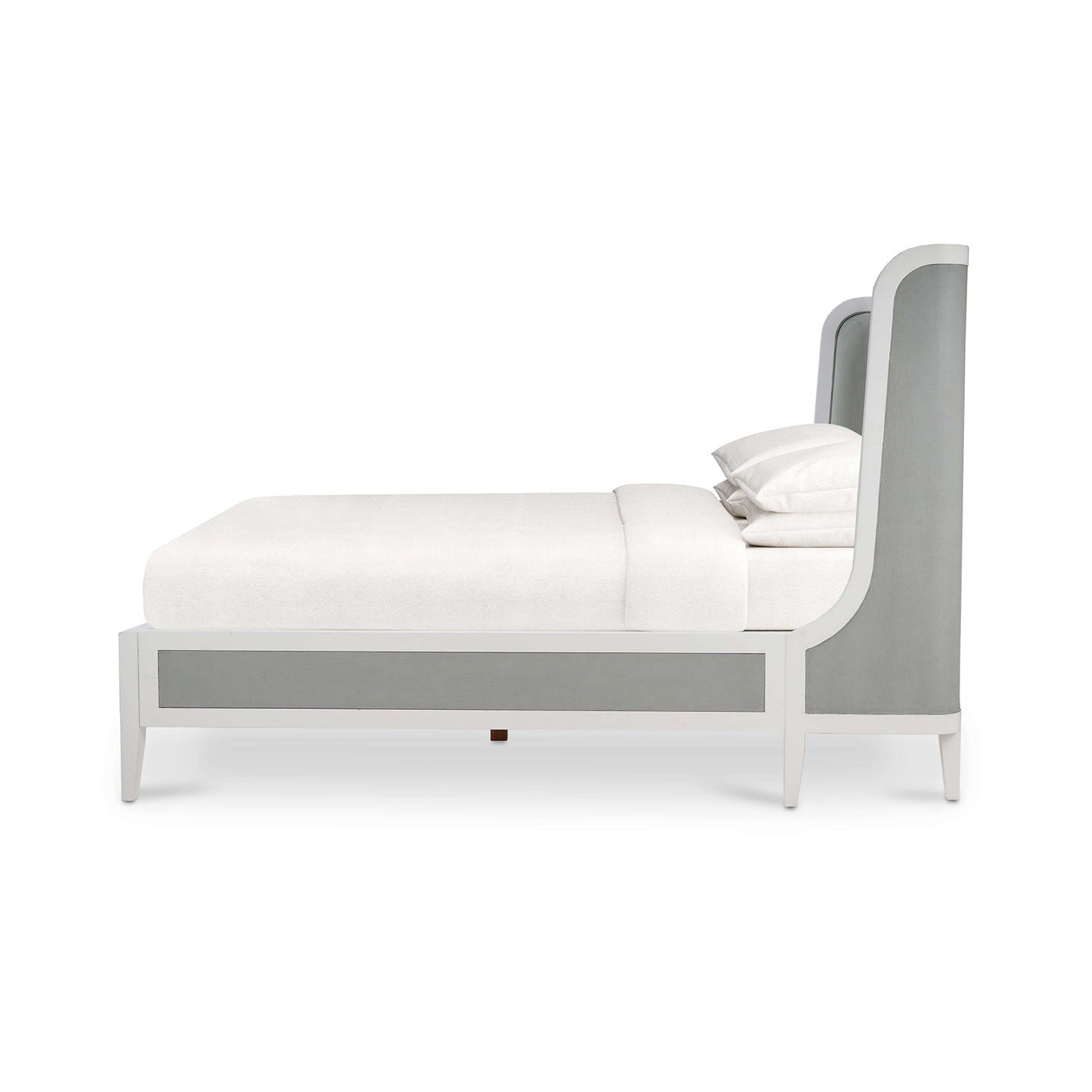 Queen bed, side profile showing sleek design.