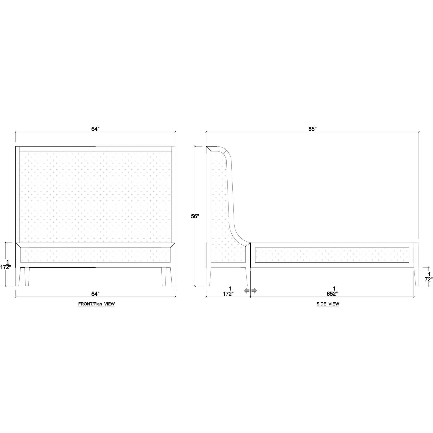 Technical drawing of queen bed with measurements.