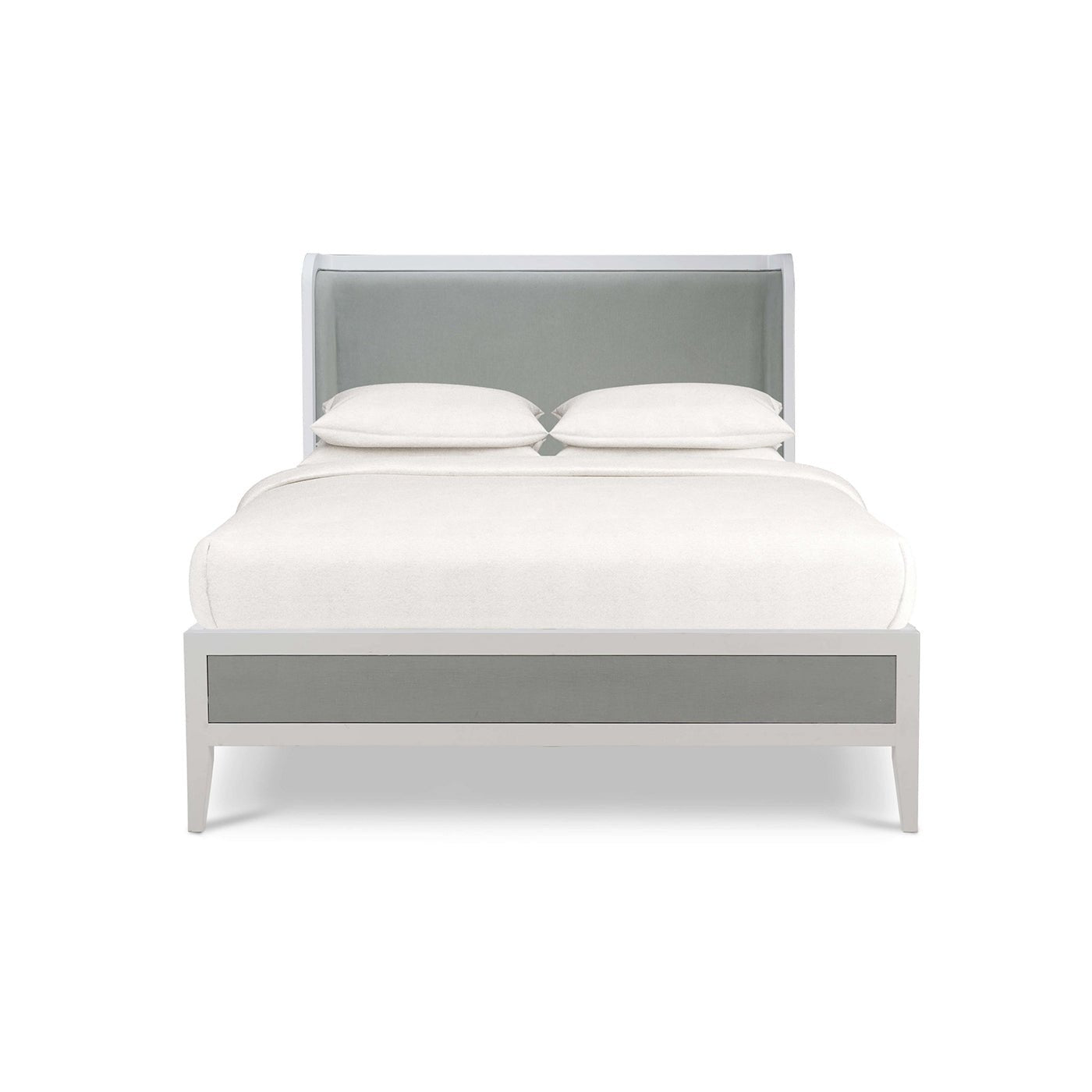 Queen bed, front view with crisp white bedding.
