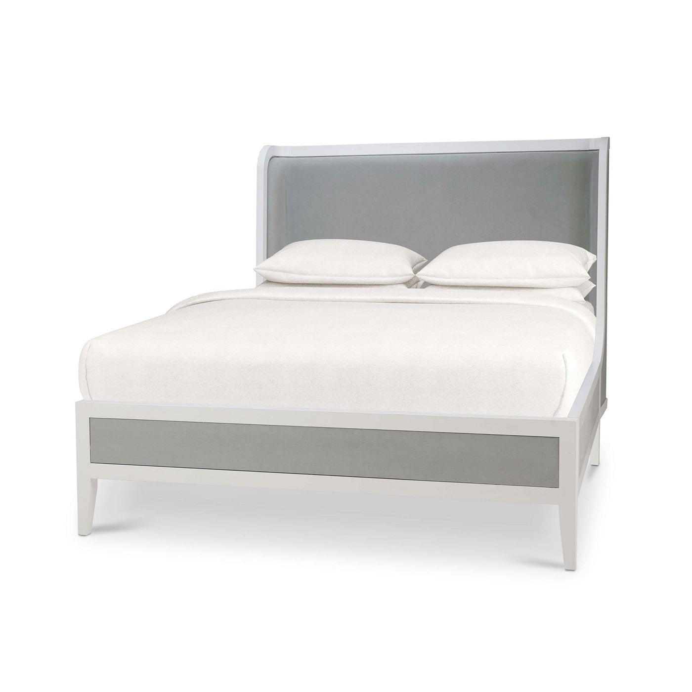 Queen bed, angled view with white and gray upholstery.