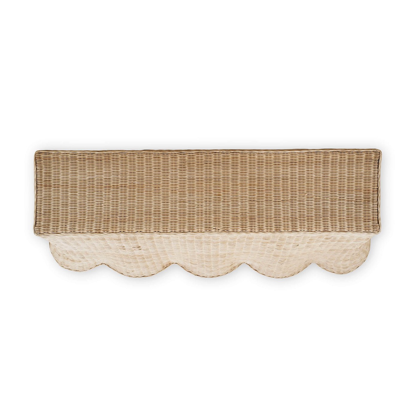 Top view of rattan console table with scalloped edge.