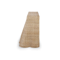 Side profile of rattan console table.