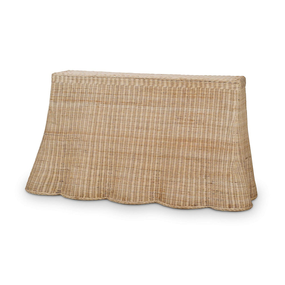 Rattan console table front view with scalloped edge.