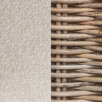 Side-by-side close-up of the cream cushion fabric and natural gray-brown rattan weave