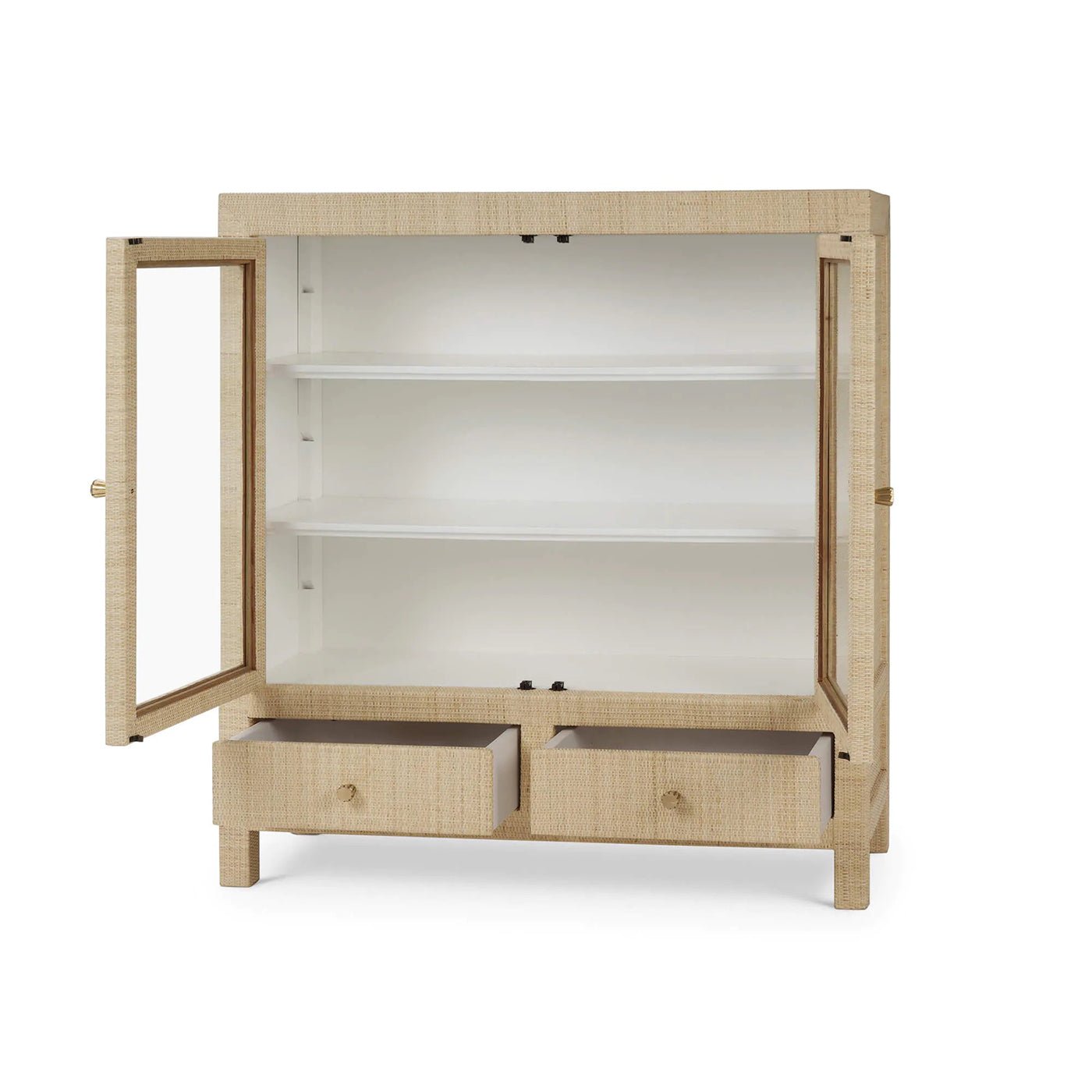 Rattan cabinet doors open, showing interior shelves and drawers.