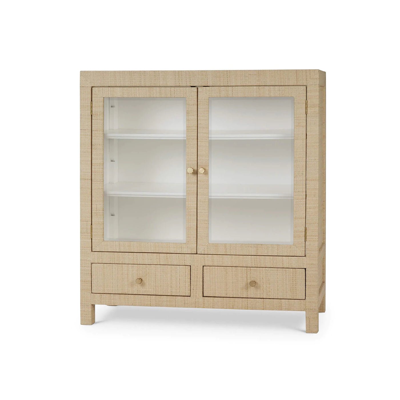 Rattan wrapped cabinet front view with closed doors.