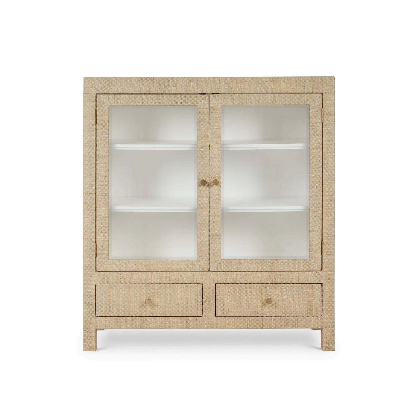 Rattan wrapped cabinet front view with open doors.